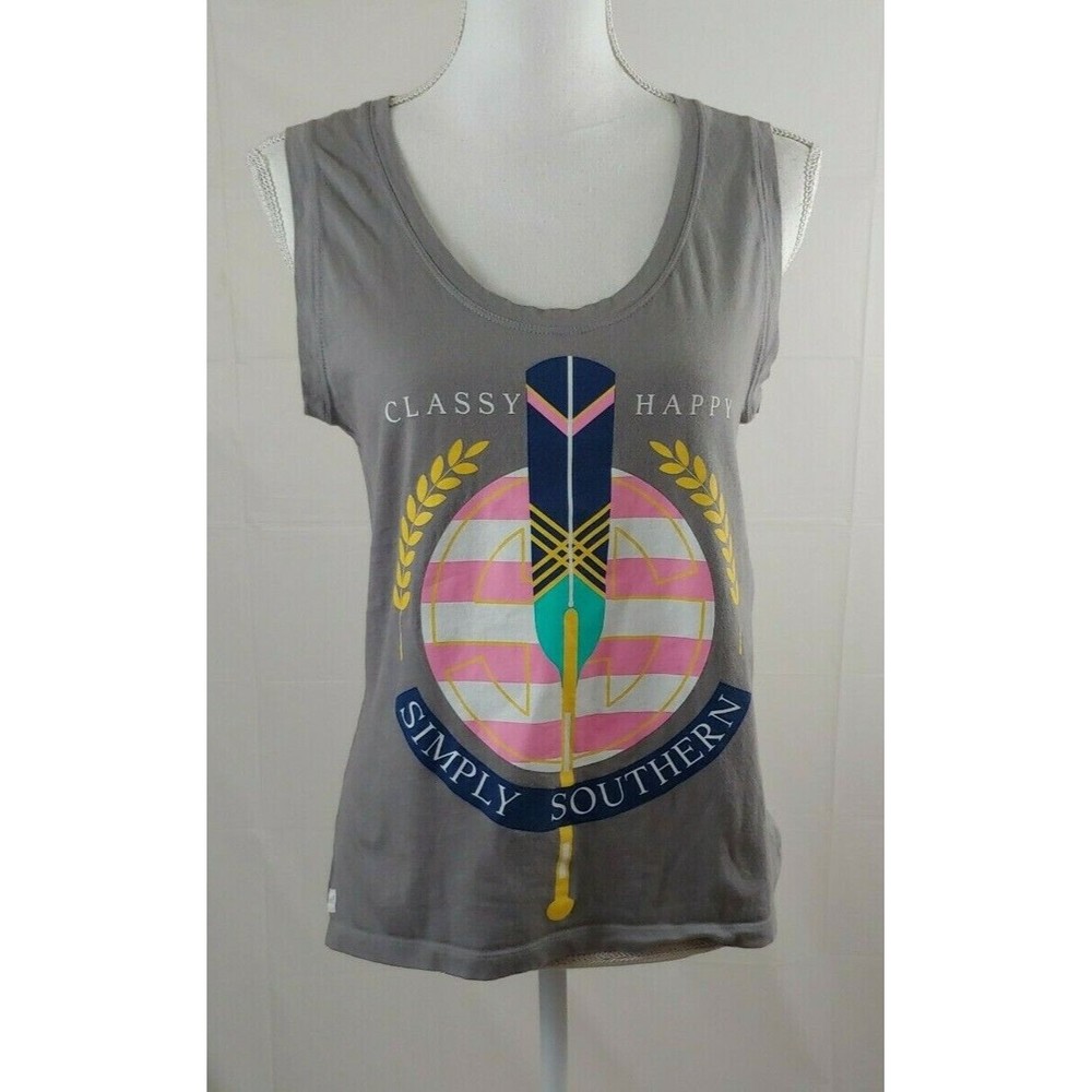 Simply Southern Womens Top Small Gray Sleeveless Graphic Tank Classy Happy
